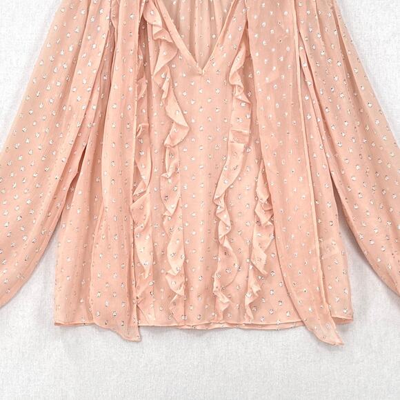 REBECCA TAYLOR Sheer Ruffle Trim Blouse Womens 0 Pink Silver Dot Tie Neck Top - Picture 7 of 14